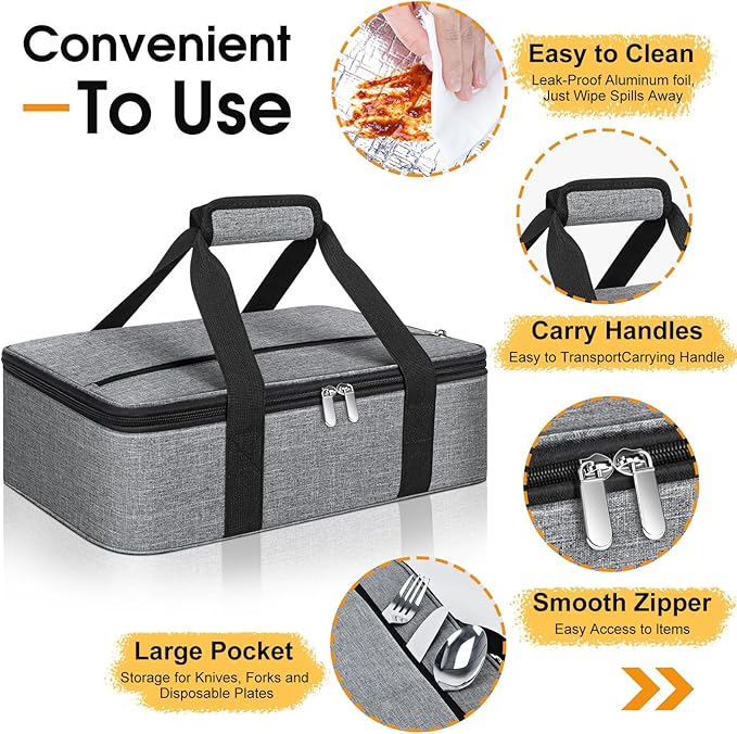 Insulated Casserole Carrier, Portable Casserole Carrier for Hot or Cold Food Lunch Tote Warmer or Cooler Bag, Lasagna Lunch Bag for Potluck Parties- Fits 9" x 13" Baking Dish-Grey