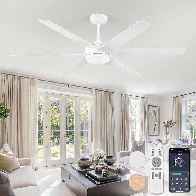 60 Inch Ceiling Fans with Lights and Remote, Reversible 6 Blades & Dimmable 3-Color Outdoor Ceiling Fans for Patios, DC Motor Large Ceiling Fan for Indoor or Covered Outdoor-White