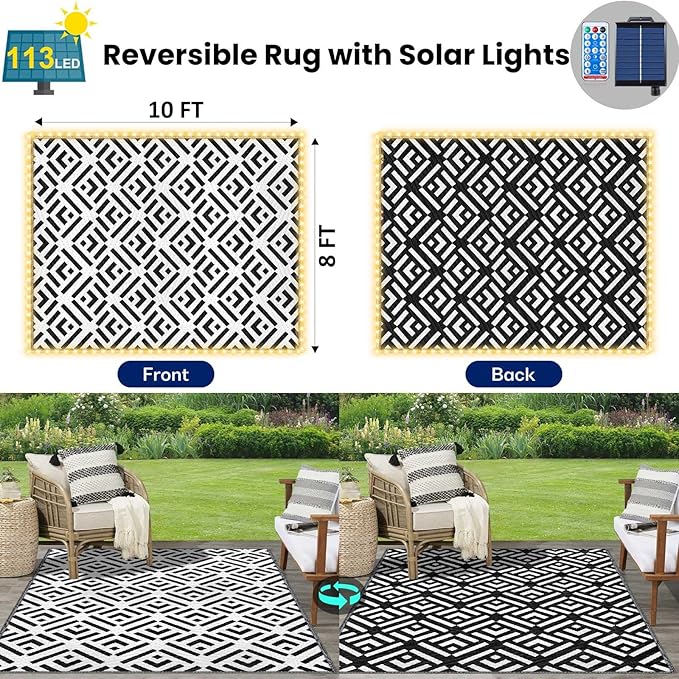 8x10Ft Outdoor Rug, Solar Powered Outdoor Camping Rug with 113LEDs Light Strip, Waterproof Plastic Straw Rug Reversible, Rug Mat for House Deck RV Camping Patio Picnic Beach Balcony (Black White)