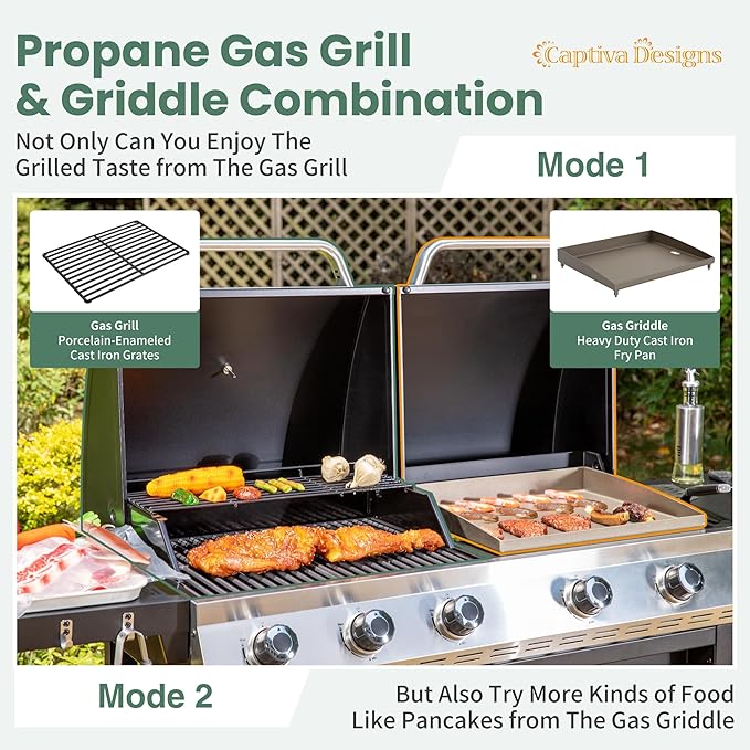 Captiva Designs Propane Gas Griddle Grill Combo with Porcelain-Enameled Cast Iron Grate & Cast Iron Pan, Dual BBQ Grill With Flat Top Griddle for Outdoor Kitchen & Backyard Barbecue,696 SQIN Cook Area