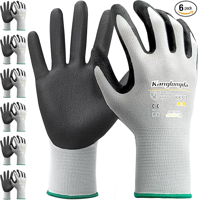 6-Paris XL Work Gloves for Men and Women, Nitrile Coated Safety Protective Gloves with Grip, Ideal for Gardening, Warehouse, Mechanic, Light Duty Construction Work