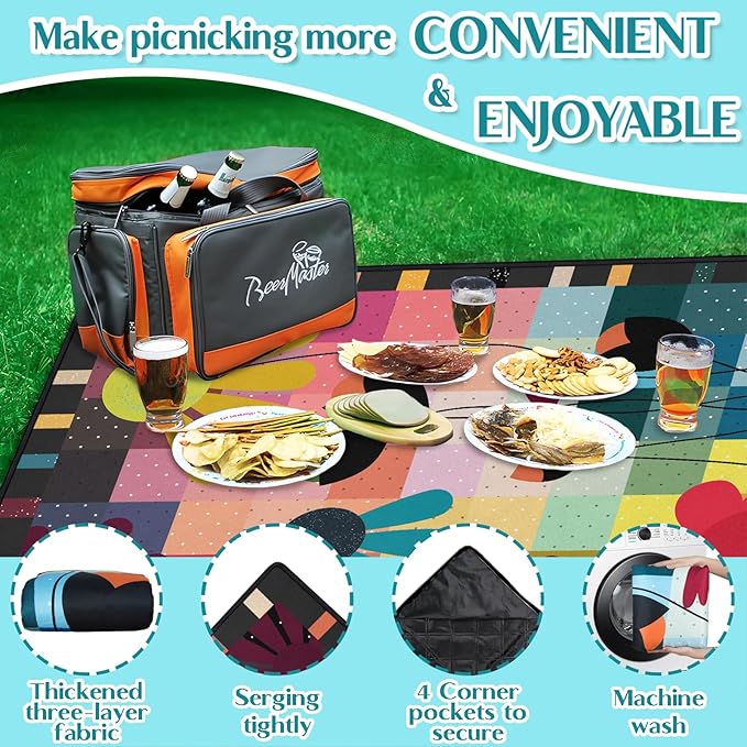 Abstract Floral Picnic Blankets Waterproof Foldable, 60″X80″ Thick Picnic Mat Outdoor Blanket for Grass, Modern Beach Blanket Sandproof Picnic Accessories for Camping Party Park Travel