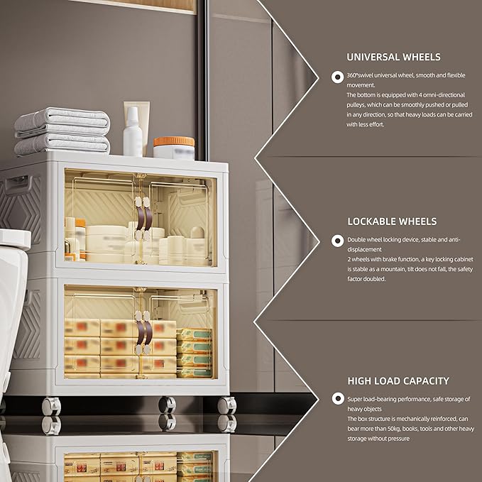 132 QT / 33 Gal White Storage Bins with 1 Lid - Collapsible Stackable Cabinet Organizer w/Wheels & Magnetic Doors, Plastic Storage Box for Office Closet Organization