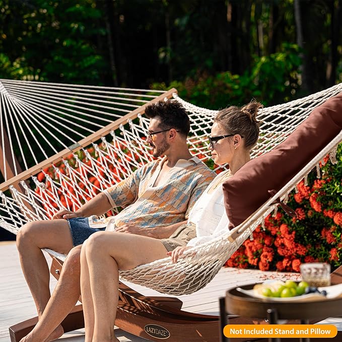 Lazy Daze Hammocks 12FT Double Rope Hammocks, Hand Woven Cotton Hammock with Pillow & Spreader Bar for Outside, Patio, Poolside, FIT 13-15 Foot Stand, Max 450 Lbs, Natural, 141 x 57 inches