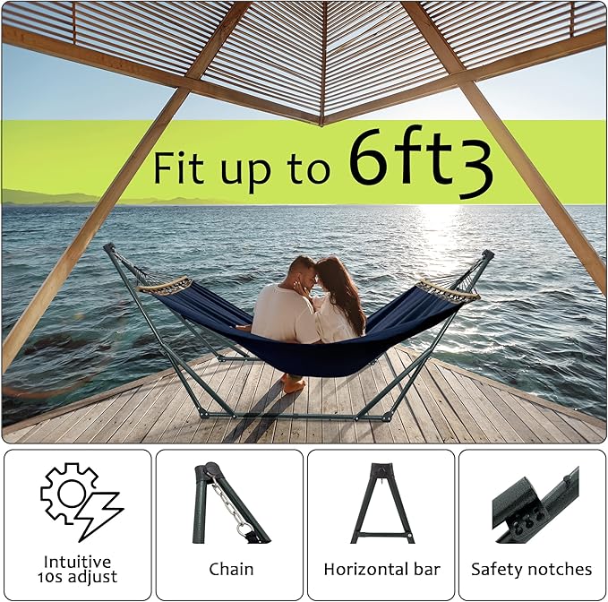 Tranquillo Ultimate Relaxation Portable Hammock Stand with Cotton Canvas, Spreader Bar, Quick Fold Unfold in 30 Seconds Steel Frame Hammock 600 lbs Capacity, Hammock Stand Outdoor, Hammock Set, Navy