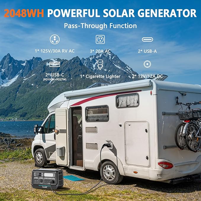 ALLWEI LiFePO4 Portable Power Station 2400W(Surge 4800W) with 1x 200W Solar Panel Included, Fast Charge in 1.5H, 4 AC Outlet, 2048Wh Solar Generator for RV Camping Emergency Outdoor Home Use