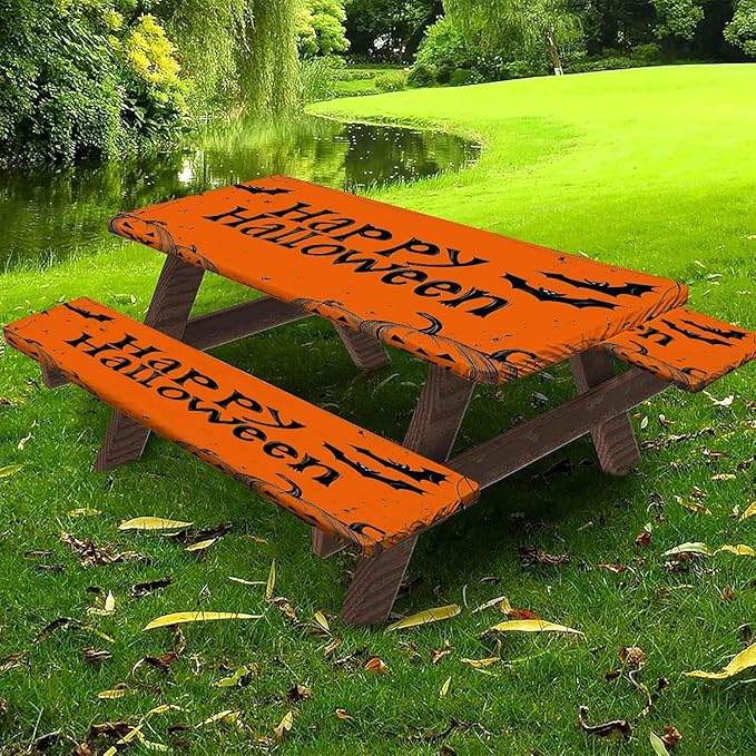 CAPSCEOLL Fitted Picnic Table Cover with Bench Covers with Elastic 8Ft Waterproof Picnic Table Cloths Windproof Outdoor Camping Tablecloth with Drawstring Bag, 96X30in, Happy Halloween