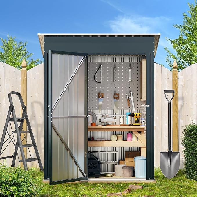 Breezz 5x3FT Vertical Outdoor Steel Storage Shed, Lockable Doors, Compact Metal Tool Shed for Garden, Backyard, Patio, Utility, and Bike Storage