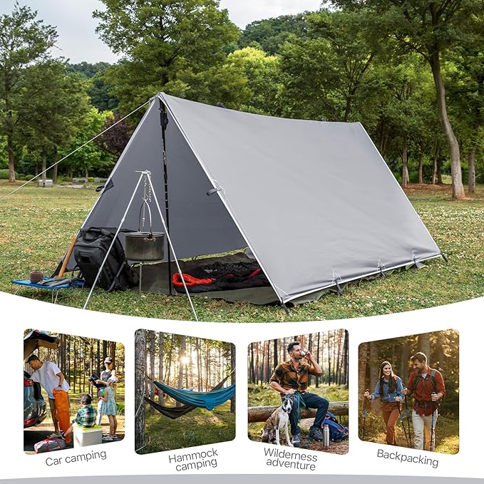 Camping Tarp Tent Portable Multifunctional Bushcraft Backpacking Tear-Resistant Fabric Rain Fly Tarps Awning Shelter Lightweight Waterproof Tarp(10×10 tarp)