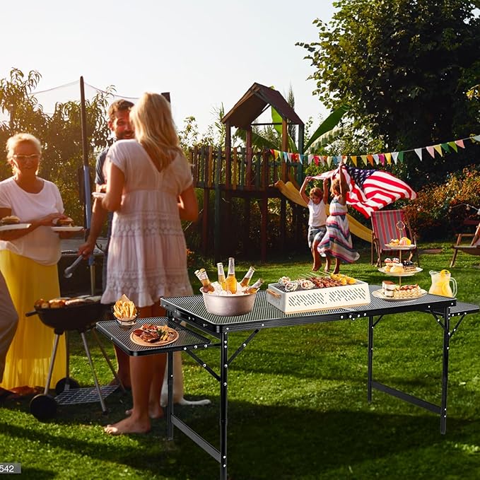 Grill Table Folding Table with 2 Wing Panels 4FT+1.77 FT with Mesh Desktop 3 Height Adjustable Portable Grill for Outdoor Indoor Beach BBQ Picnic Travel RV Black