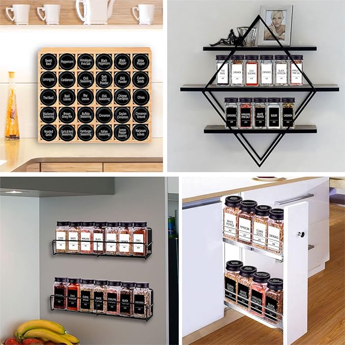 Churboro 48 Spice Jars with 547 Labels- Glass Spice Jars with Black Metal Caps, 4oz Empty Spice Containers with Shaker Lids, Funnel, Chalk Pen, Square Seasoning Bottles for Spice Rack, Drawer, Cabinet