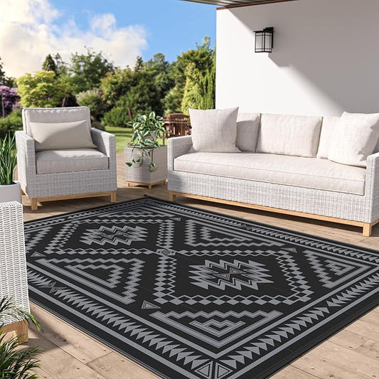 GENIMO Outdoor Rug for Patio Clearance, 9x12 ft Waterproof Mat,Reversible Plastic Camping Rugs, Rv, Porch, Deck, Camper, Balcony, Backyard, Black and Grey