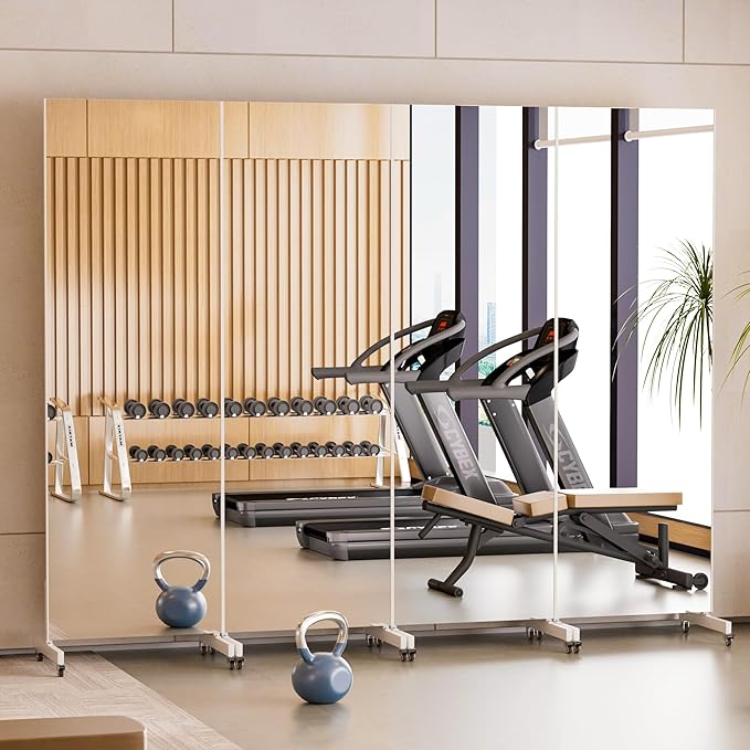 brisafe Home Gym Mirror 360° Swivel on Wheels, 71" X 24" Nano Film Super Lightweight Unbreakable Full Length Mirror for Yoga, Dance Studio, White