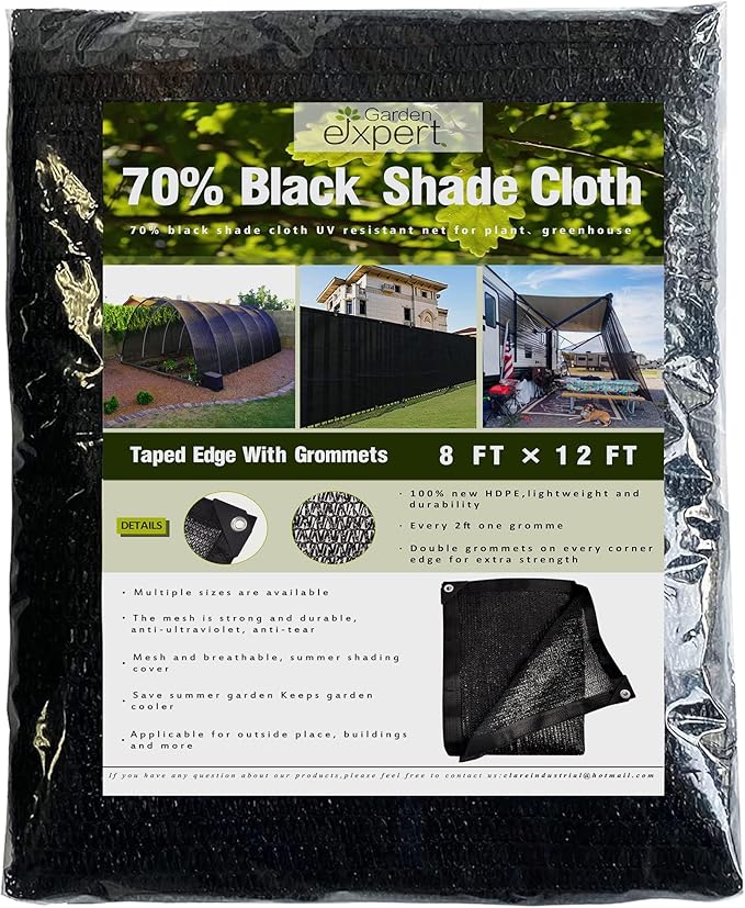 Garden expert 75% Black Shade Cloth 8x12FT Taped Edge with Grommets Sun Net Mesh for Garden Patio Backyard UV-Resistant
