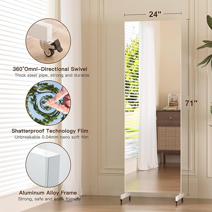 brisafe Home Gym Mirror 360° Swivel on Wheels, 71" X 24" Nano Film Super Lightweight Unbreakable Full Length Mirror for Yoga, Dance Studio, White