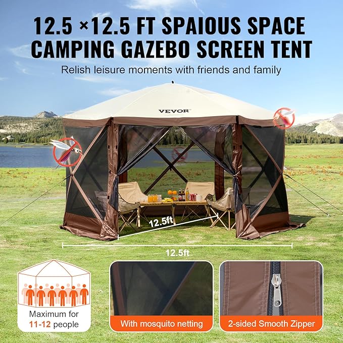 VEVOR Pop Up Gazebo Screen Tent 6 Sided Canopy Sun Shelter with 6 Removable Privacy Wind Cloths & Mesh Windows, 12.5x12.5FT Quick Set Screen Tent with Mosquito Netting, Brown