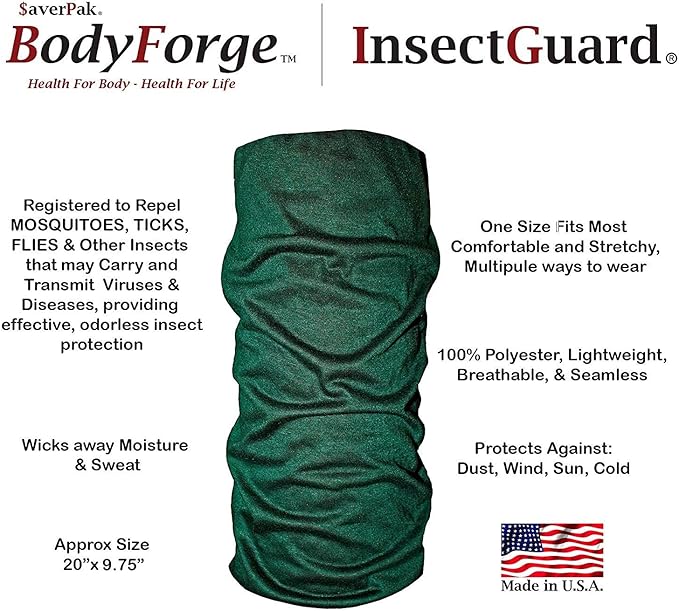$averPak BodyForge & InsectGuard - Permethrin Treated Mosquitoes, Flies, Ticks & More Insect Repellent Tube Bandanna Neck Gaiter Headband (Green)