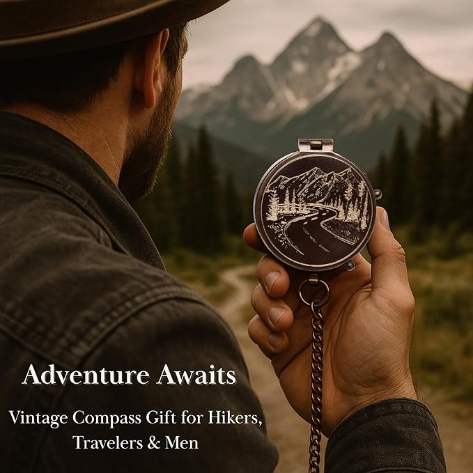 Engraved Compass Gift for Men – Vintage Brass Pocket Compass for Hiking, Adventure, and Travel – Antique Finish with Leather Case – Moon & Stars, or Road Design – Gift for Dad, Husband, or Son