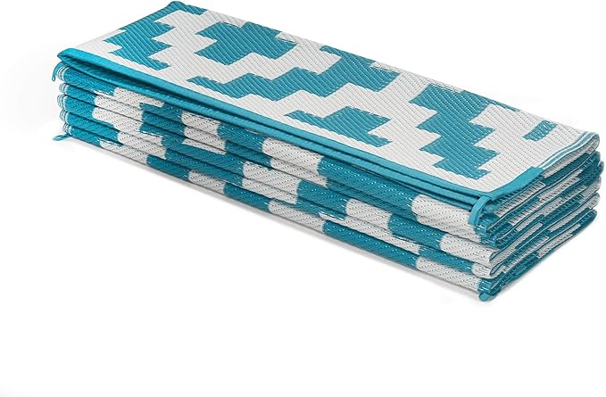 FH Home Outdoor Camping Rug - Waterproof, Fade Resistant, Reversible - Premium Recycled Plastic - Geometric - Large Patio, Deck, Sunroom, RV - Aztec - Teal & White - 9 x 12 ft Foldable