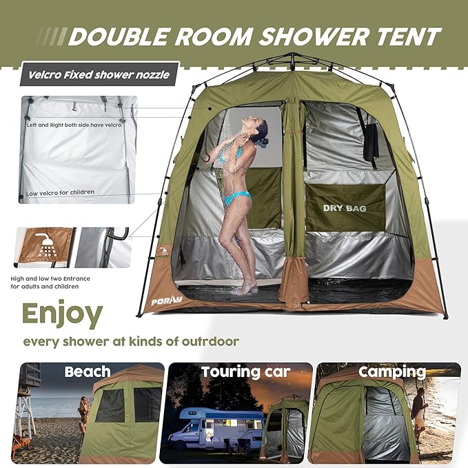 Camping Shower Tent Deluxe Changing Room Easy Set Up Privacy Shelter,Large Toilet Tent with Floor Drain Design for Beach, Camping,Hiking with Stakes and Ropes for Stability