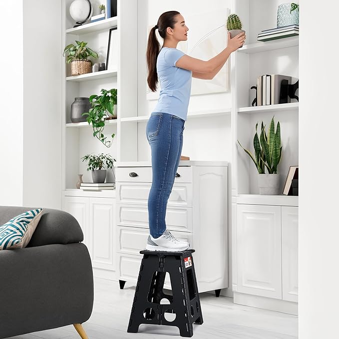 ACSTEP Folding Step Stool 16 Inch Heavy Duty Step Stool Foldable for Adults and Kids, Collapsible Stepping Stool with Handle, Non Slip Folding Stools for Kitchen Hold Up to 400lbs (Black 1PC)