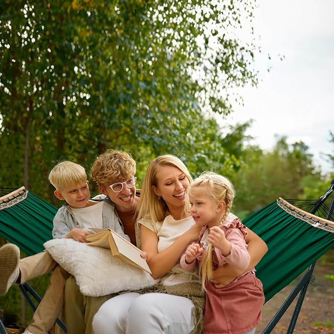 Tranquillo Sturdy Steel Hammock Stand with Premium Cotton Canvas, 600 lbs Capacity Folding, Portable Hammock Stand 30-Second Fold Unfold Spacious Design, (Canvas - Emerald Green)