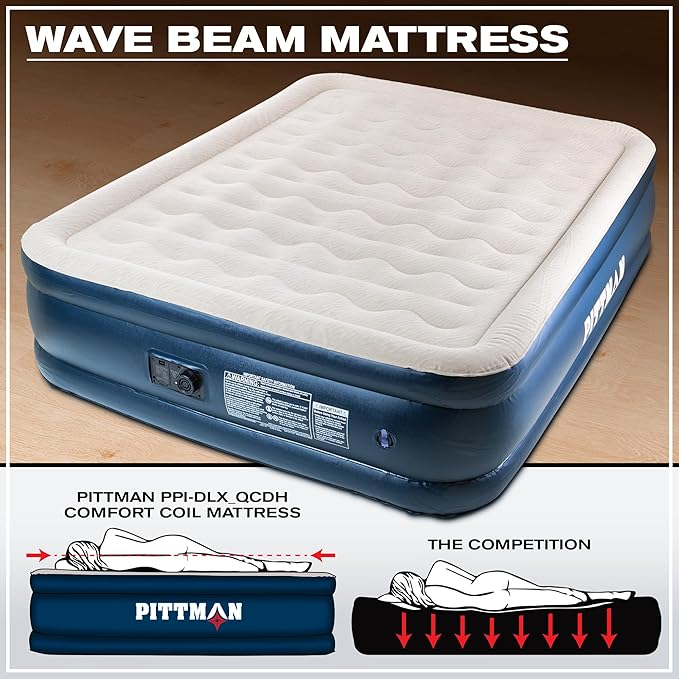 Pittman - 20" Luxury Air Mattress Queen with Built in Pump - Premium Comfort Queen Size Blow up Mattress - 700lb Capacity - Ideal for Home Visits, Guests, Travel or Camping - Includes Carry Bag