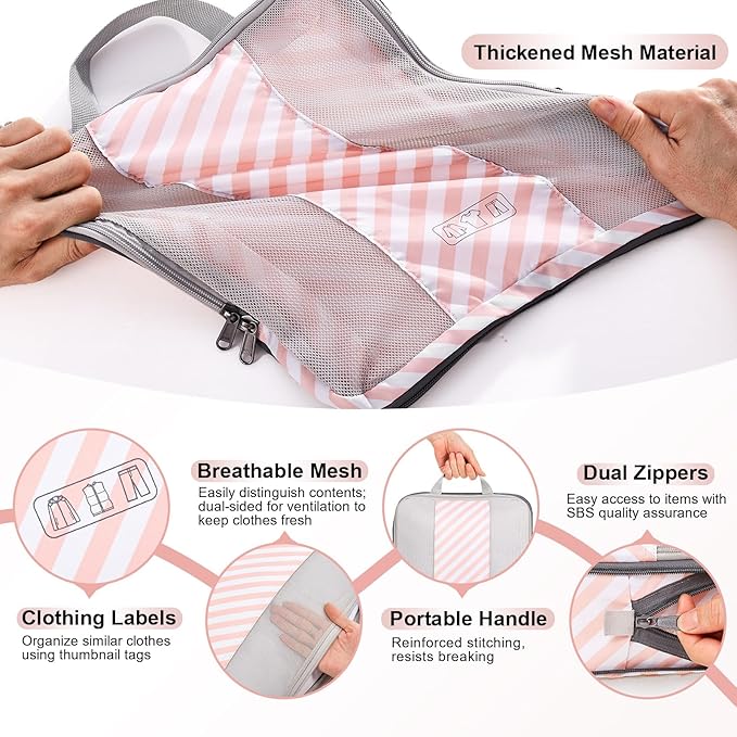 10 Set Compression Packing Cubes for Travel Essentials,Compressible Expandable Packing Cubes for Suitcase,OlarHike Luggage Organizer Bags for Travel,Handy Helper for Organizing Clothes(Pink Stripped)