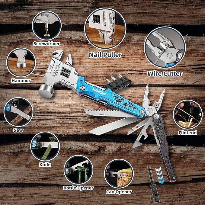 HANSHI Upgraded Adjustable Wrench Multitool Hammer with YG10 Tungsten Steel Replaceable Wire Cutters for Men,18 in 1 Pocket Multi Tool Knife with Spring-Action Pliers for Camping,Survival (Blue)