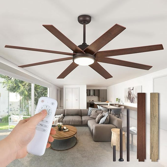 65 Inch Ceiling Fans with Lights and Remote, Walnut Indoor/Outdoor Ceiling Fan with Quiet Reversible DC Motor, 6 Speeds, 3CCT, 8 Blades Large Ceiling Fan for Living Room Bedroom Patio