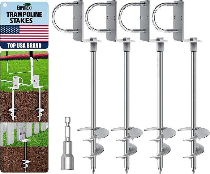 Eurmax USA Ground Anchors Heavy Duty Adjustable L-Shaped Head Shed Tent Stakes Trampoline Anchors, Trampoline Stakes for Sheds,Swing Sets,Mobile Home,Carports Set of 4(Silver)