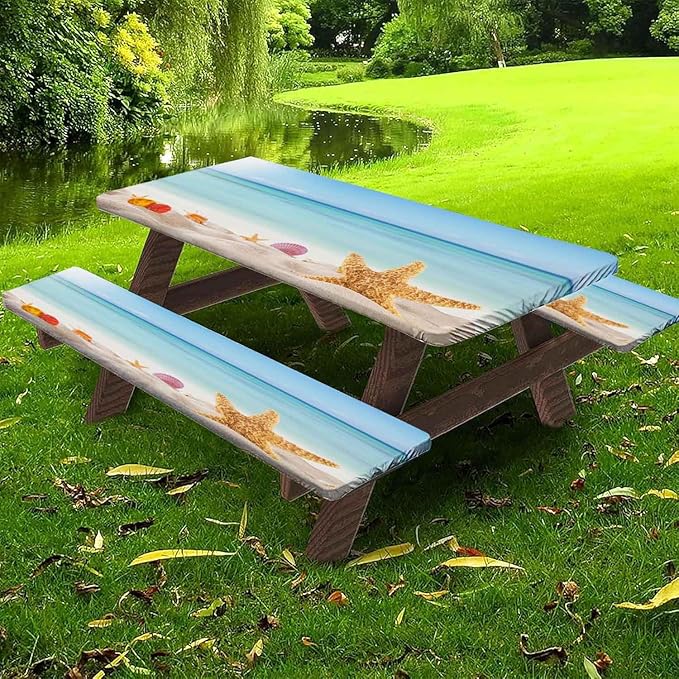 CAPSCEOLL Picnic Table Cover with Bench Covers Waterproof Camping Tablecloth All-Weather Outdoor Table Protector with Drawstring Bag for Camping Essentials, 72X30in, Sea Beach