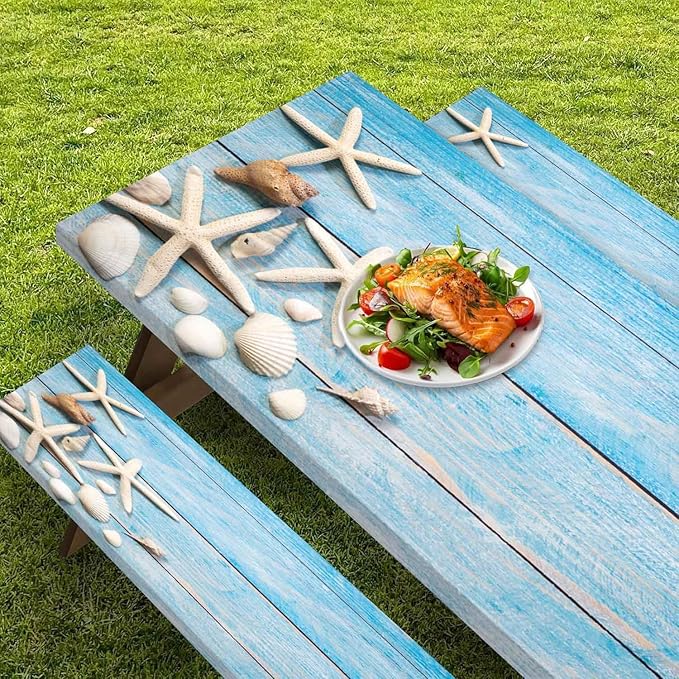 CAPSCEOLL Picnic Table Cover with Bench Covers Waterproof Camping Tablecloth Sea Shells Outdoor Table Protector with Drawstring Bag for Camping Essentials, 72X30in, Summer Blue Wood