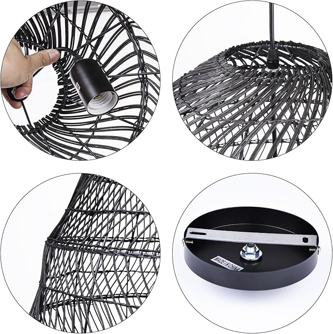 Arturesthome 19.6" Rattan Chandelier for Kitchen,Black Woven Basket Pendant Light Shades, Handwoven Pendant Lampshade for Bedroom Kitchen Farmhouse