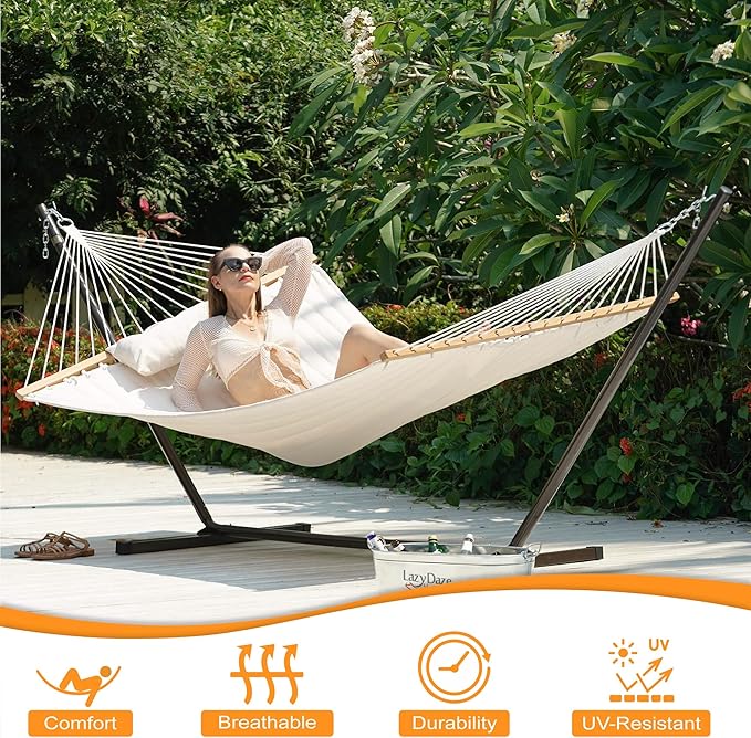 Lazy Daze Hammocks Quilted Fabric Hammock with 12 Feet Stand, 2 People Double Hammock with Stand for Outdoor Indoor Patio Garden Backyard, 450 lbs Capacity, Beige