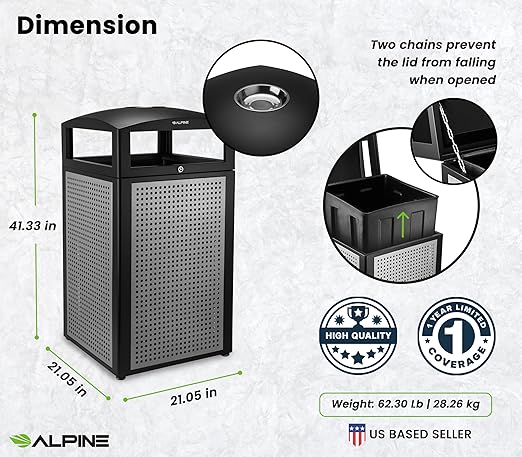 Alpine Outdoor Commercial Trash Can with Lid - 40 Gallon Heavy Duty Metal Garbage Can with Removable Bin, Locking Lid for a Modern Look in Parks, Parkings & High Traffic Areas (Black & Grey with Tray)