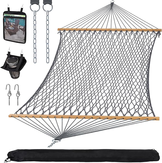 SUNCREAT Double Outdoor Hammock, Polyester Rope Hammock with Strong Spreader bar, Gray