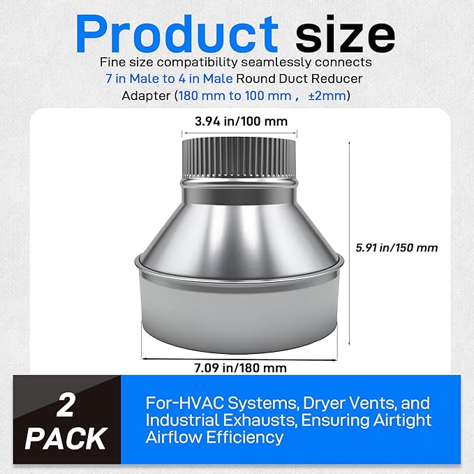 7" to 4" Galvanized Steel Crimped Air Duct Reducer/Increaser - 2 Pack for HVAC, Ventilation & Exhaust Systems (Bathroom, Kitchen, Dryer, Grow Tents, Dust Collection), Round Duct Pipe Adapter Fitting