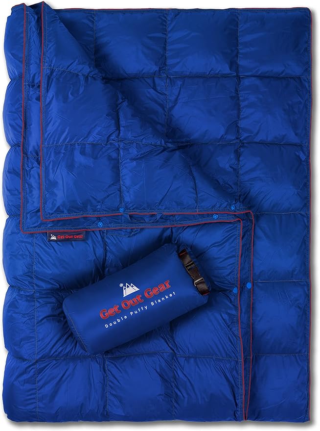 Double Puffy Camping Blanket - Extra Puffy, Packable, Lightweight and Warm | Ideal for Outdoors, Travel, Stadium, Festivals, Beach, Hammock | Water-Resistant Camp Quilt (Blue/Red)