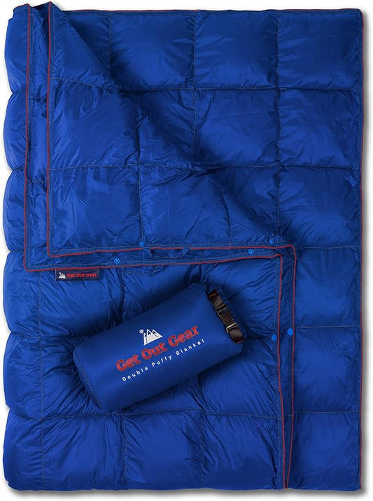 Double Puffy Camping Blanket - Extra Puffy, Packable, Lightweight and Warm | Ideal for Outdoors, Travel, Stadium, Festivals, Beach, Hammock | Water-Resistant Camp Quilt (Blue/Red)