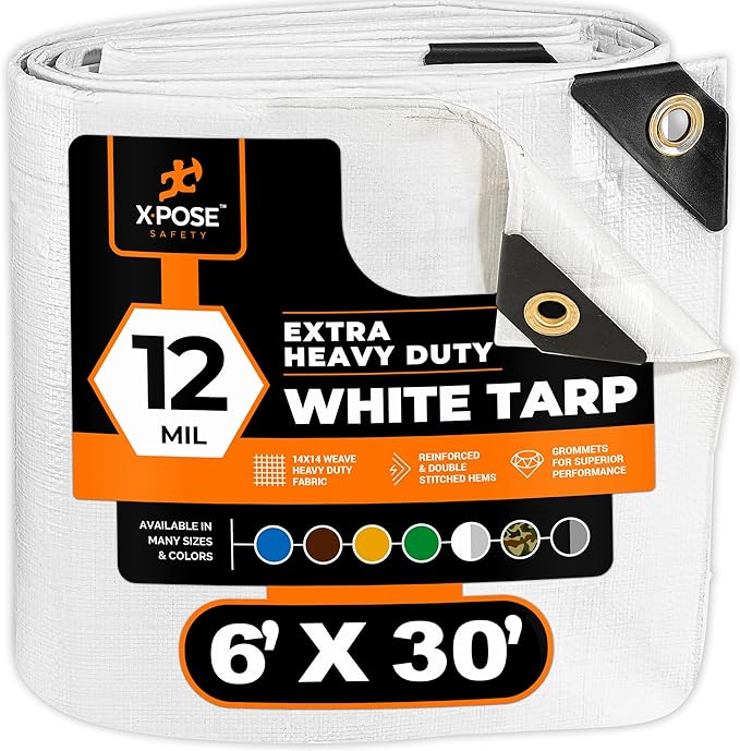 Heavy Duty White Poly Tarp 6' X 30' - Multipurpose Protective Cover - Durable, Waterproof, Weather Proof, Rip and Tear Resistant - Extra Thick 12 Mil Polyethylene - by Xpose Safety