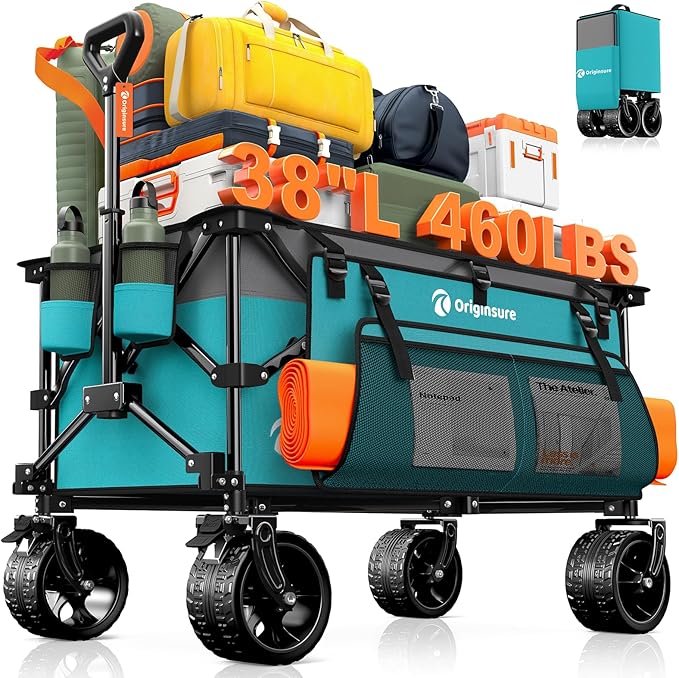 220L Collapsible Wagon Cart Foldable, 460LB Load Capacity Heavy Duty Folding Beach Wagons with Big All-Terrain Wheels, Utility Carts for Groceries, Camping, Sports - Grey&Turquoise