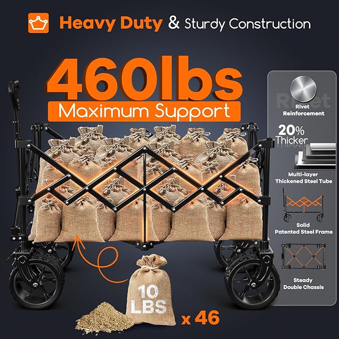 220L Collapsible Wagon Cart Foldable, 460LB Load Capacity Heavy Duty Folding Beach Wagons with Big All-Terrain Wheels, Utility Carts for Groceries, Camping, Sports - Grey&Purple