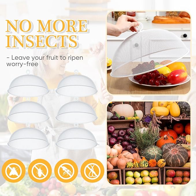 Gerrii 6 Pcs Metal Mesh Food Cover Outdoor Mesh Food Tents Dome Screen Plate Covers for Dinner Plates Reusable Fruit Fly Nets Picnic Umbrella for Table, BBQ, Camping, Party (White,14 Inch)