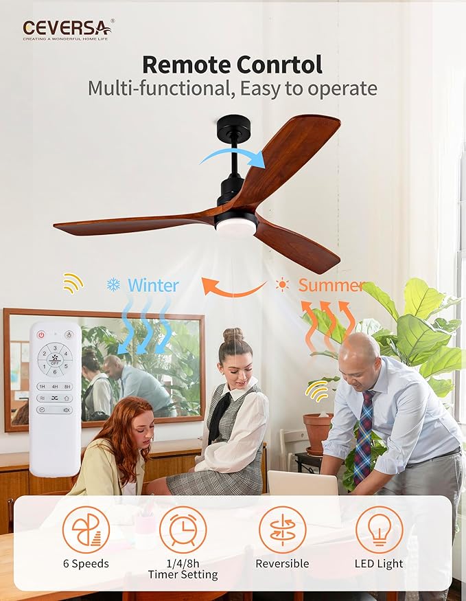 60 Inch Outdoor Ceiling Fans with Lights and Remote, 3 Blade Wood Ceiling Fan, Noiseless Reversible DC Motor for Patio, Living Room, Bedroom, Indoor, Farmhouse