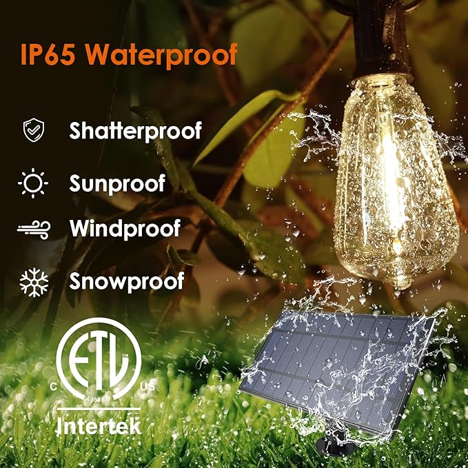 120FT Solar String Lights Outdoor,Solar Patio Lights Waterproof with Remote & 40+2 Dimmable ST38 Shatterproof LED Bulbs,Commercial Grade Solar Powered String Lights for Outside