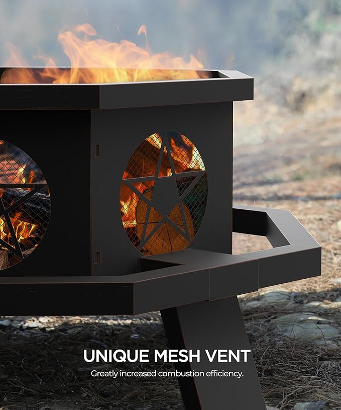 43 inch Fire Pit, Outdoor Fire Pits with Cooking Grill, Wood Burning Fire Pits for Outside, Octagonal Heavy Duty Large Firepit with Poker for Bonfire, Backyard, Camping, Bronze