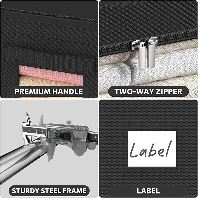 3Pack Frame Storage Box - Clothes Storage Bin Bags Oxford Fabric Foldable Stackable Container Organizer Set with Clear Window & Carry Handles (Black, X-Small-36L)
