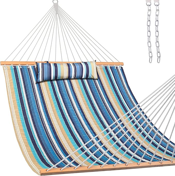 Lazy Daze Hammocks 12 FT Quilted Fabric Double Hammock with Spreader Bars and Detachable Pillow, 450 LBS Weight Capacity, Beaches Stripe