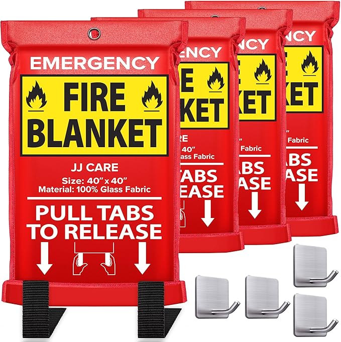 JJ CARE Fire Blanket – 4 Packs with Hooks – Emergency Fire Blanket for Home & Kitchen, High Heat Resistant Fire Suppression Blankets for Home Safety, Kitchen, and Camping